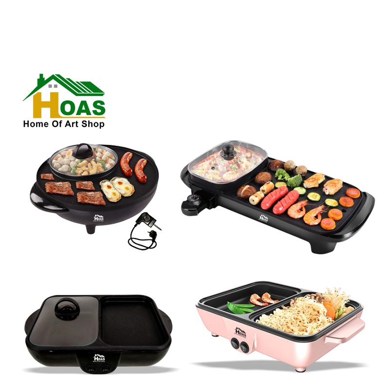 Hoas Alat Panggang Daging Elektrik 2 In 1 & Pot Denki Steamboat Bbq Grill Pan Wajan Listrik BBQ Mini