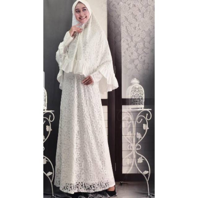 Gamis syari brukat putih bersih