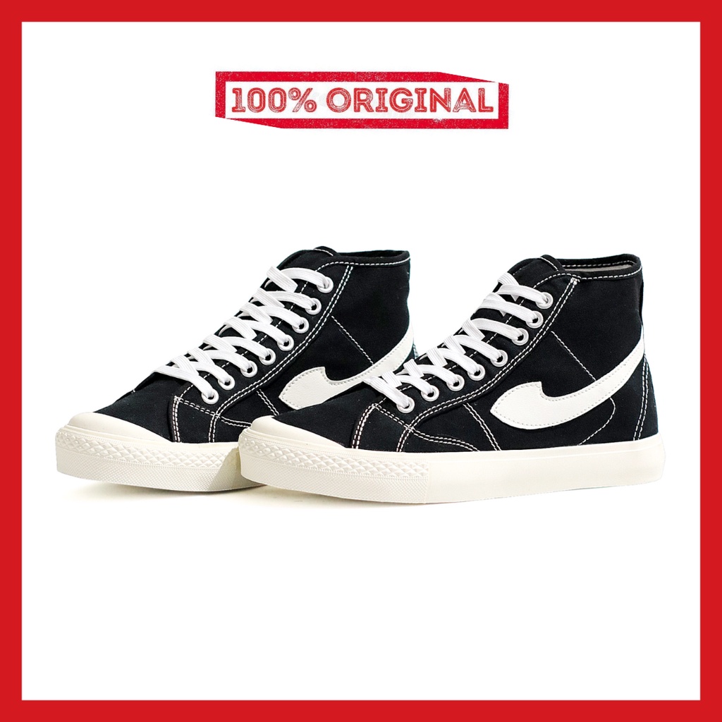 ORIGINAL - Sepatu Brand Lokal Kasual Pria Wanita No Brand Black White Hi Not Sneakers Compass Gazelle Hitam Putih Tinggi