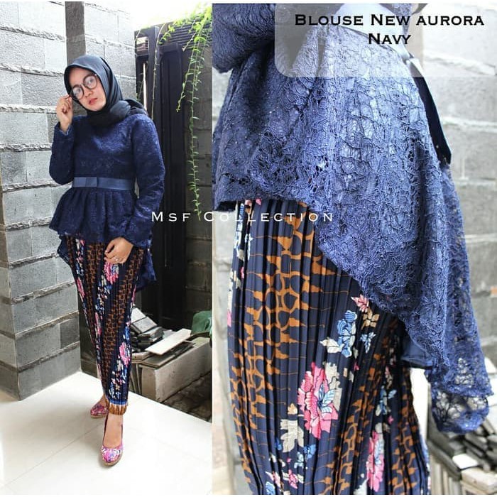 SETELAN KEBAYA BROKAT AURORA NAVY ROK PLISKET