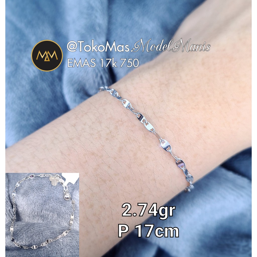 Gelang emas putih herme* kilap emas 750 kadar 17k