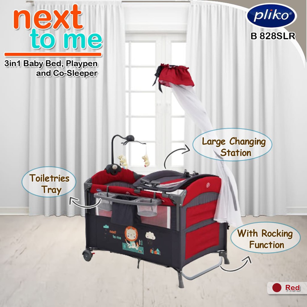 Pliko Next to Me Travel Cot B 828 SLR Box Bayi Kelambu dan Sisi Bisa Turun