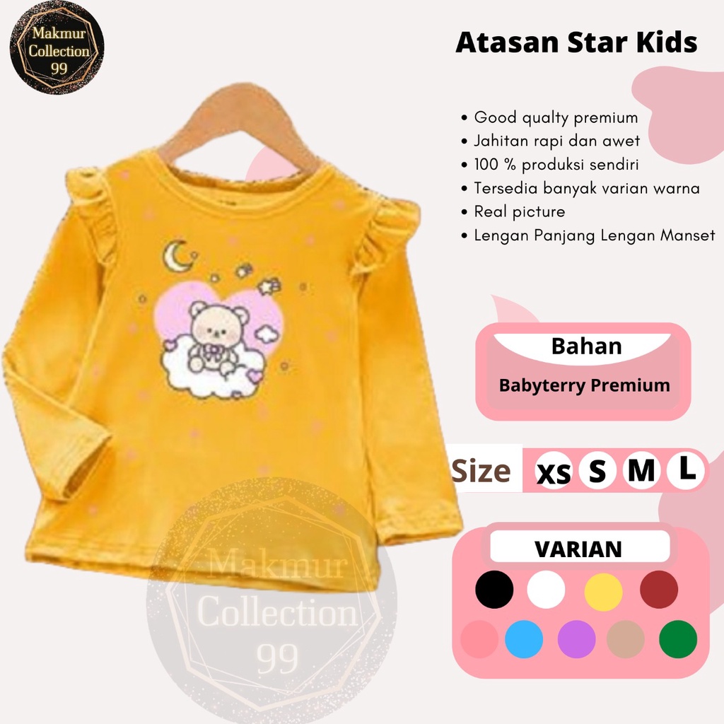 Atasan Anak Perempuan 1-11 Tahun Lengan Panjang Kaos Model Kerutan Matt Baby Terry Atasan Star Kids