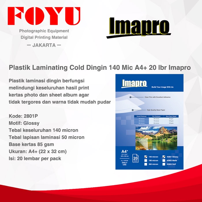

Plastik Laminating Cold Dingin Pack 140 Micron A4+ 20 lbr Glossy 2801P