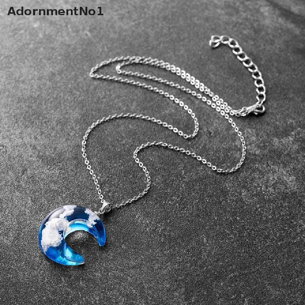 (AdornmentNo1) Kalung Rantai Dengan Liontin Bulan + Bola Resin Motif Langit Biru + Awan Putih Untuk Wanita