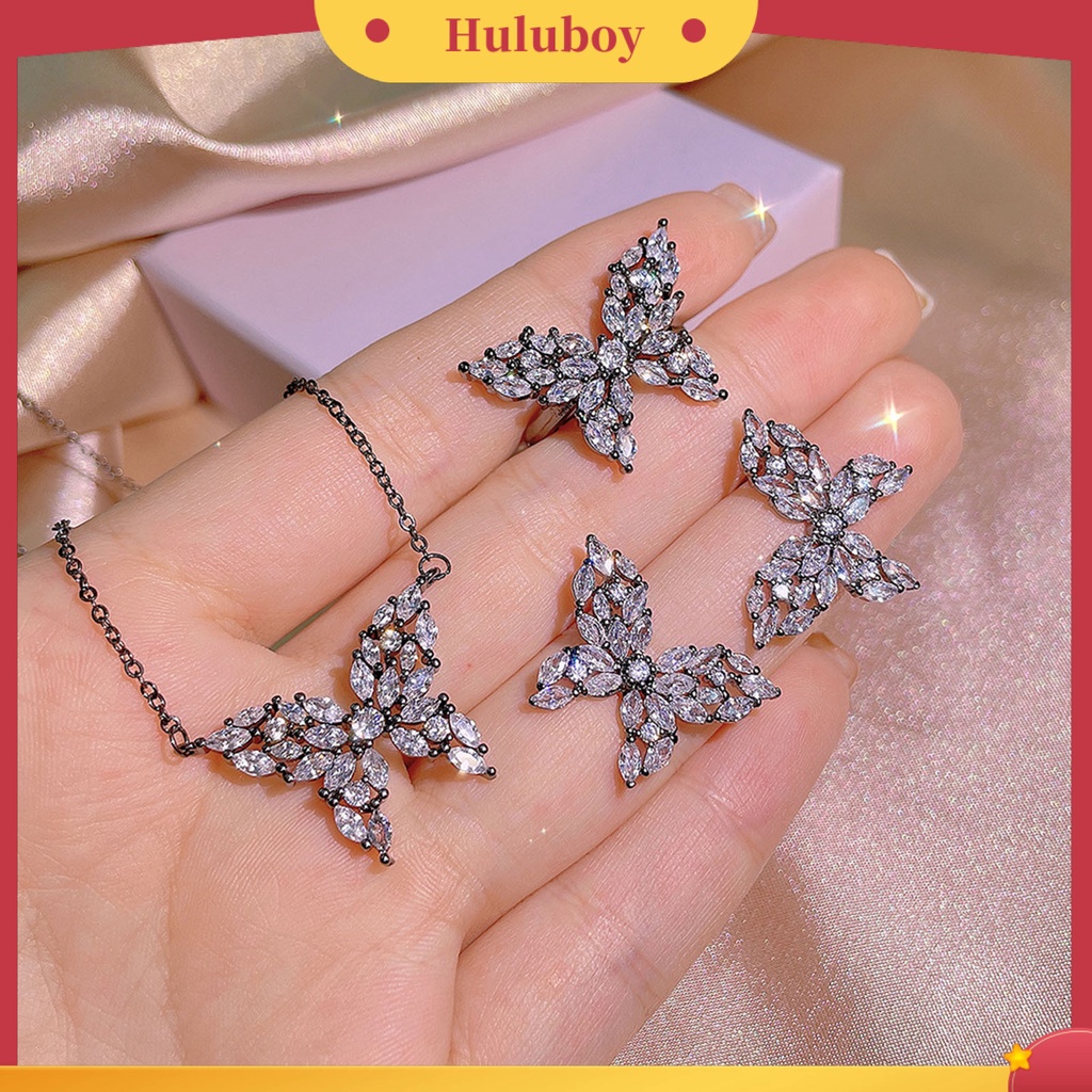 Hu Hu Hu Hu Hu Alat Bantu Pasang Kacamata♡ Kalung Anting Cincin Desain Kupu-Kupu Aksen Berlian Imitasi Untuk Wanita