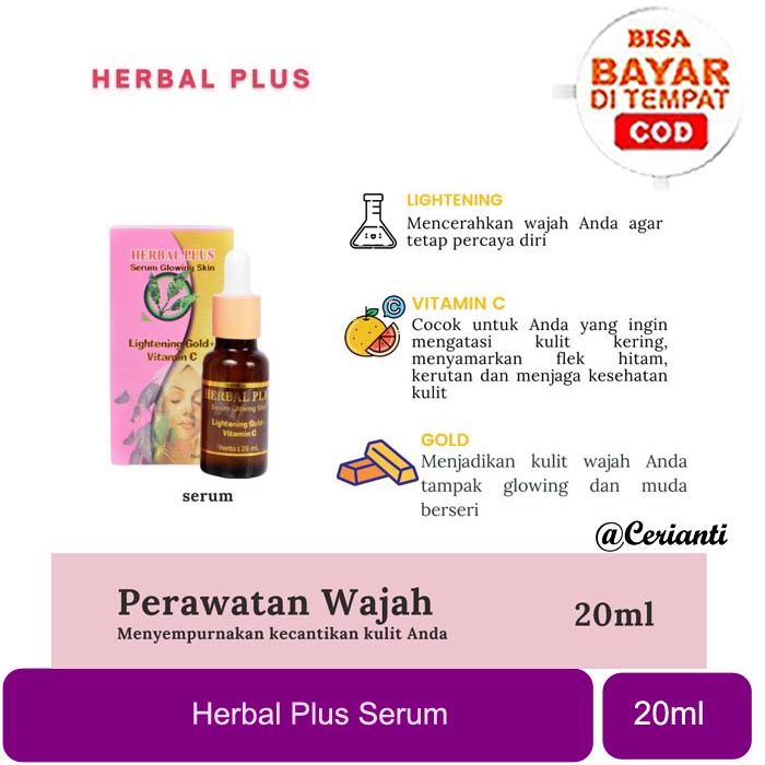 [20ML] [BPOM] HERBAL PLUS Serum Glowing Skin Lightening Gold + Vitamin C 20ml | Serum Mencerahkan_Cerianti