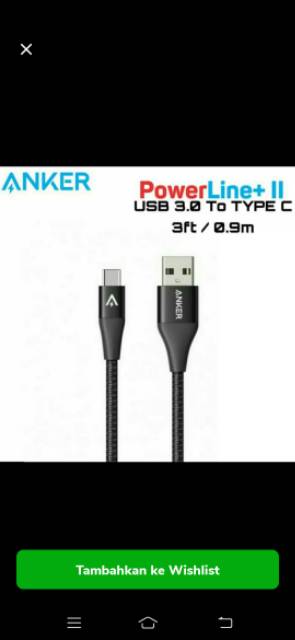 Kabel data Anker Nylon power line+ll type C 3ft/0.9m A8462/A8123 Hitam