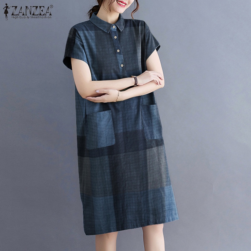 ZANZEA Womens Check Short Sleeve Turn-Down Collar Casual Loose Midi Dress