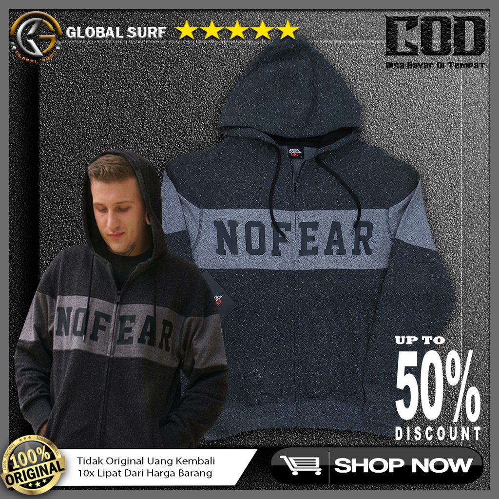 Hoodie No Fear Original Resleting Depan Style Casual Jaket Pria Warna Abu Tebal Slimfit Outerwear