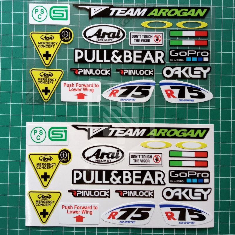 sticker visor helm arai/pullbear/team arogan/oakley/pinlock/r75 shape/gopro pack stiker motor/helm w