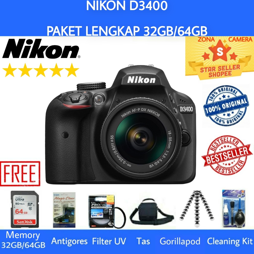 NIKON D3400 KIT 18-55MM AF-P VR - PAKET LENGKAP