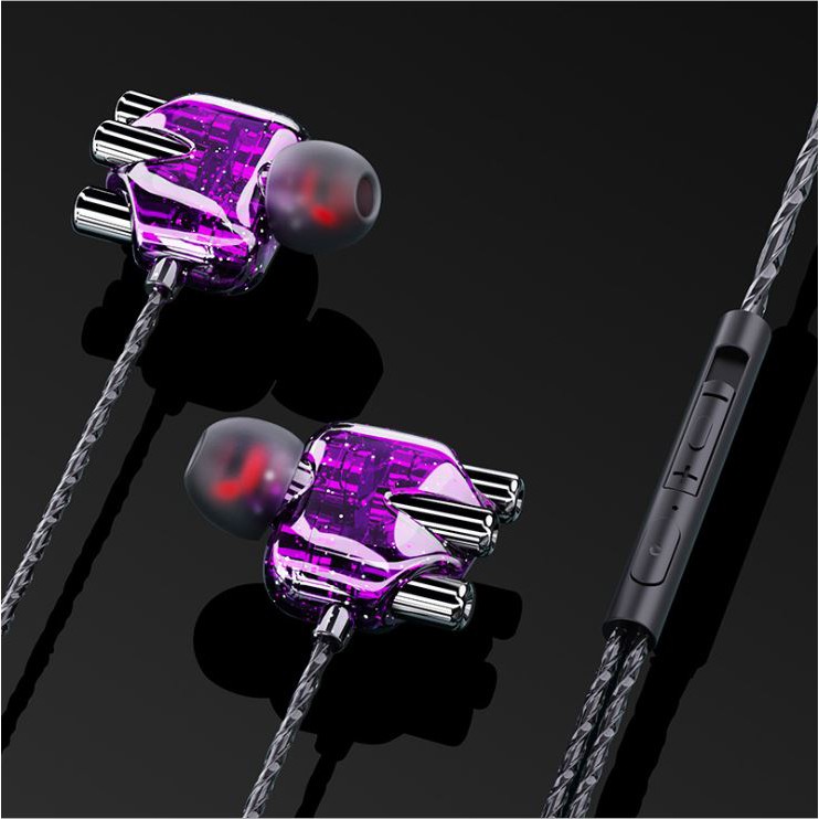 Earphone 4D Bass Dual Speaker HiFi Stereo Noise Cancellation Fashionable Design 3.5MM Wired Earphone-Purple