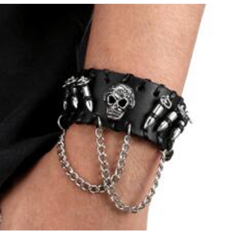 Gelang Rantai Logam Tengkorak Bahan Kulit Warna Hitam Dapat Disesuaikan Gaya Punk Rock Gothic Untuk Pria