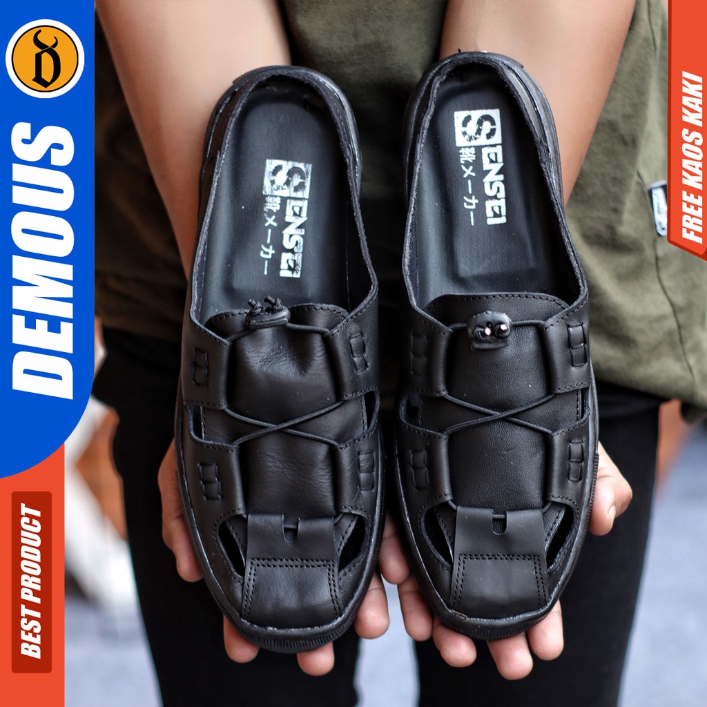 Sepatu Sandal Pria Kulit Asli Sendal Bustong Slop Hitam DEMOUS LANA