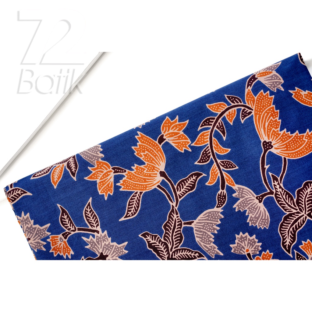 KAIN BATIK KATUN Premium Motif Kembang Warna Biru Orange Hitam 724937 Cap 72 Jarik Jarit Samping Kebat Panjang Batik Katun Modern Premium Bahan Seragam Batik Pernikahan Kantor Keluarga Murah Kamen Jadi Batik Bali Lembaran