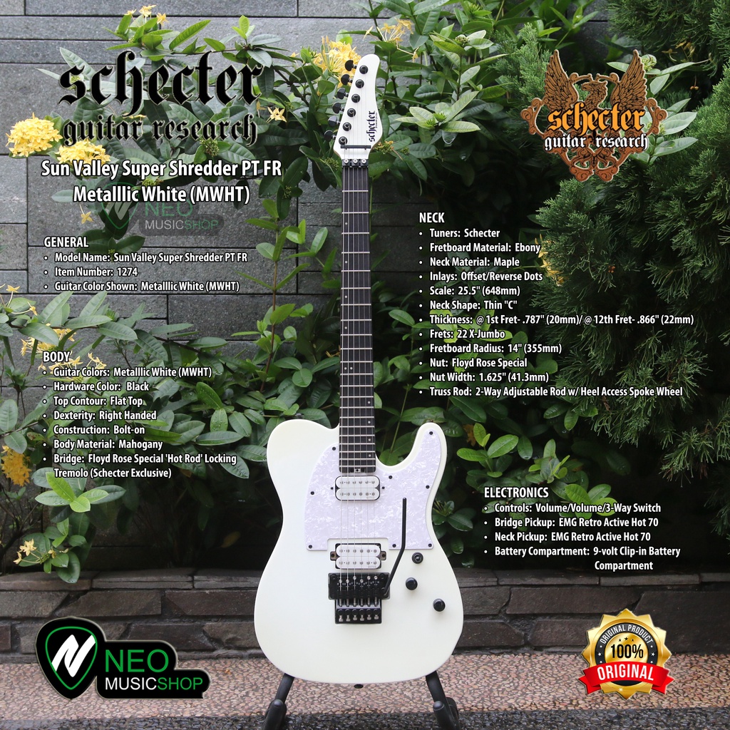 SCHECTER Sun Valley Super Shredder PT FR Metalllic White (MWHT) 6 String Electric Gitar