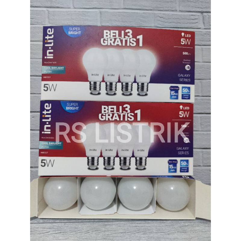 paket 5w 3pc gratis 1pc merk in lite inlite in-lite 5 watt cahaya putih lampu led bulb INB007