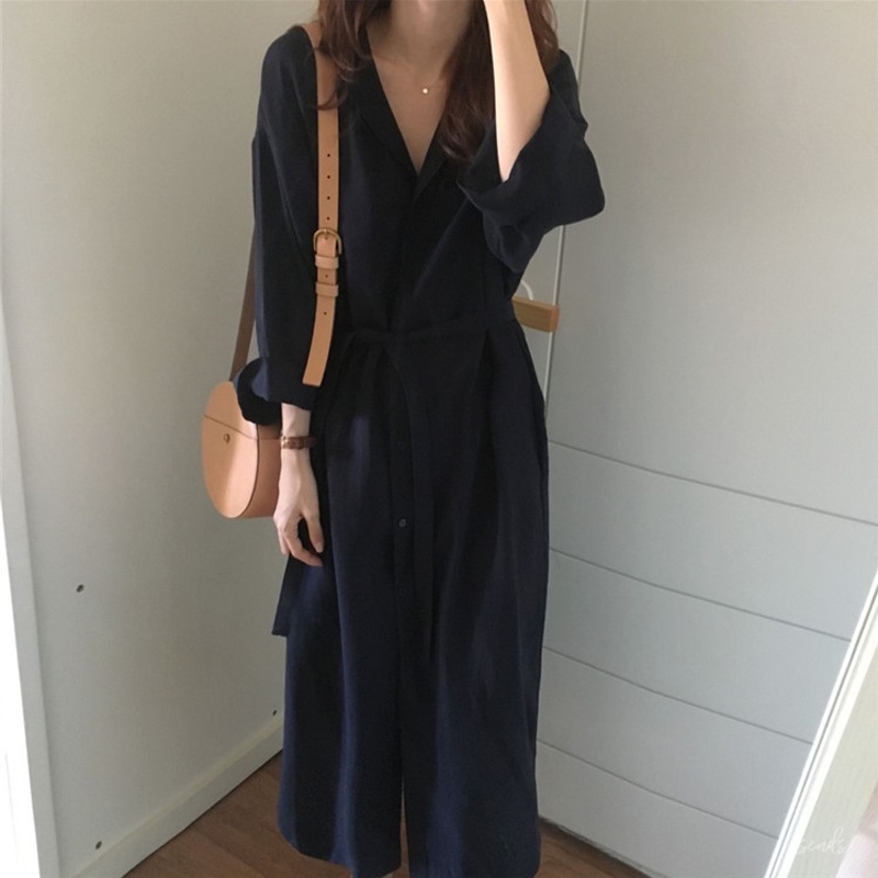 Korea fashion retro minimalis warna solid maxi Dress Kemeja lengan panjang wanita