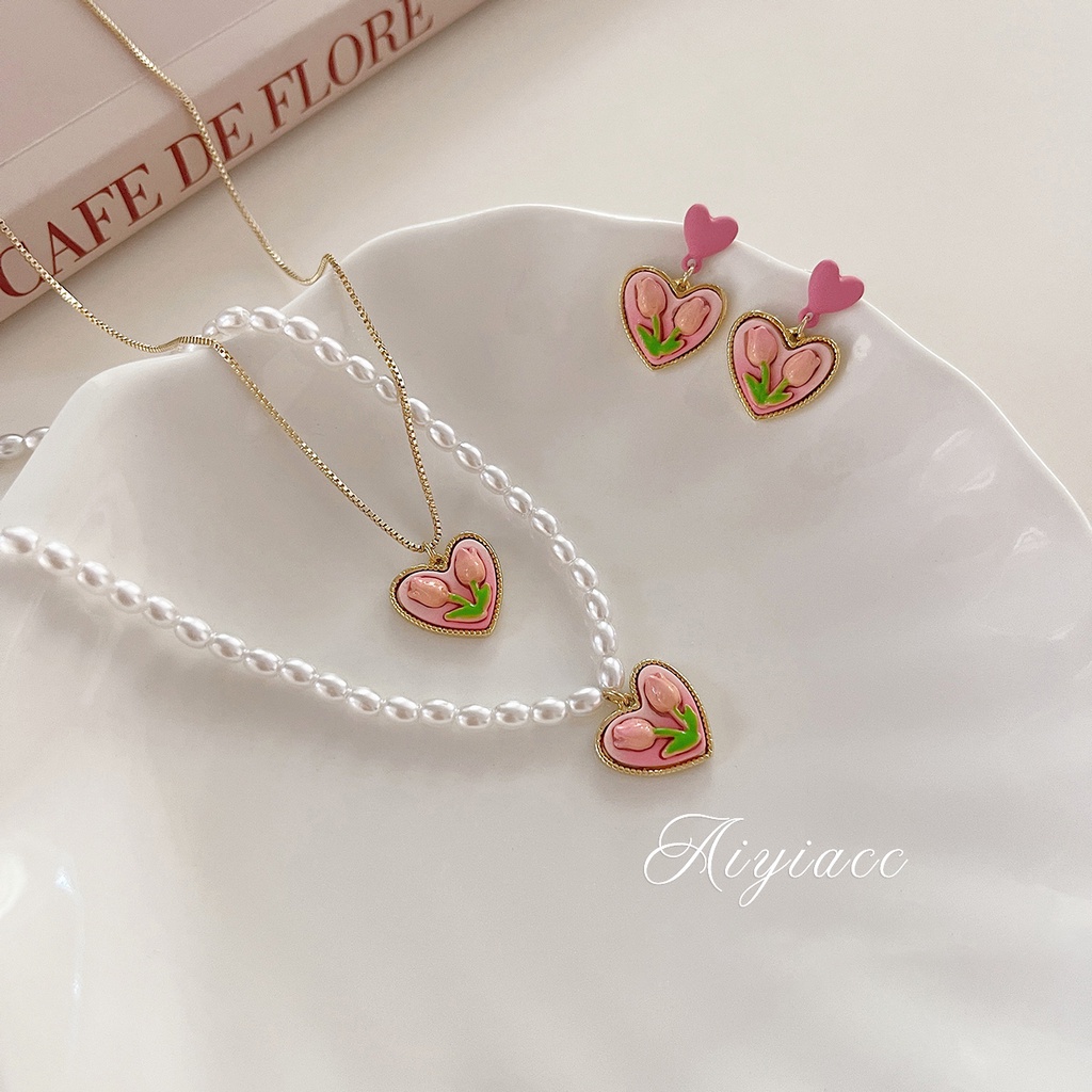 Set Kalung Rantai + Anting Gantung Tusuk Motif Bunga Tulip + Hati + Mutiara + Hollow Untuk Perhiasan Wanita