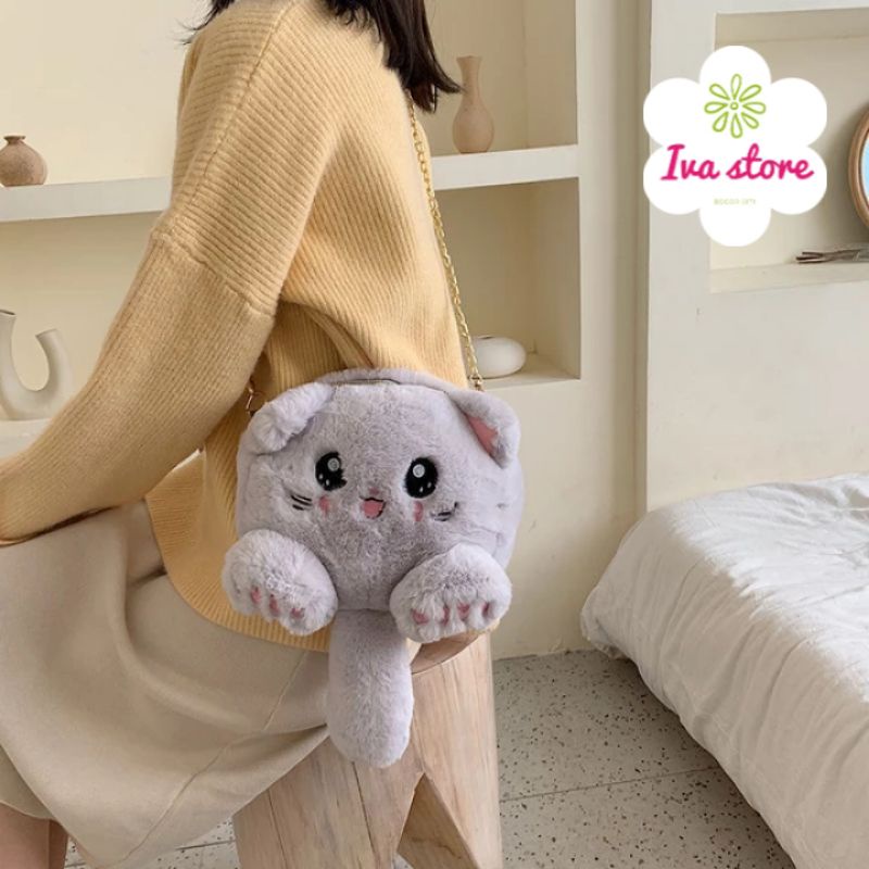 Tas Selempang korea kucing bulu lucu