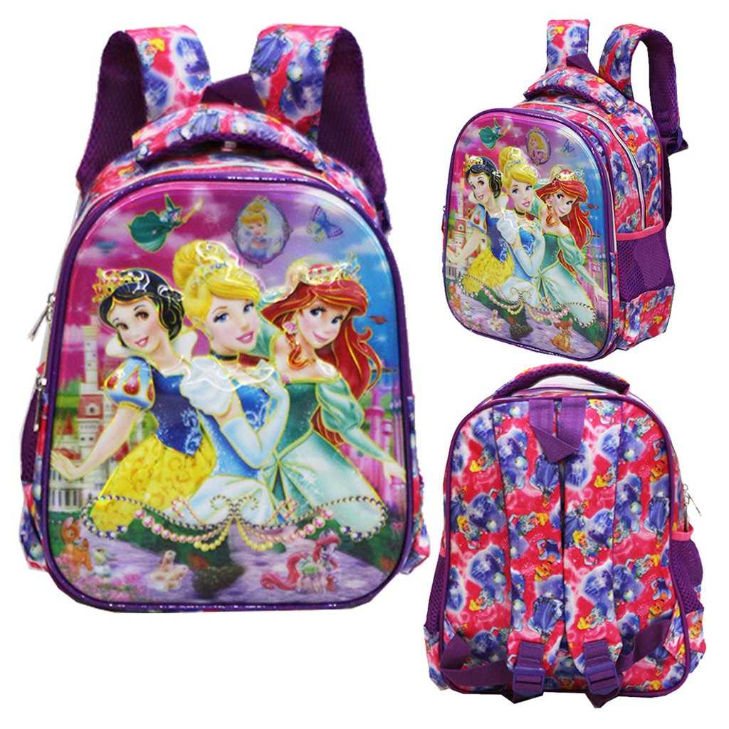 New Tas Anak Ransel TK Import Princess 5D Timbul Dua Kantung