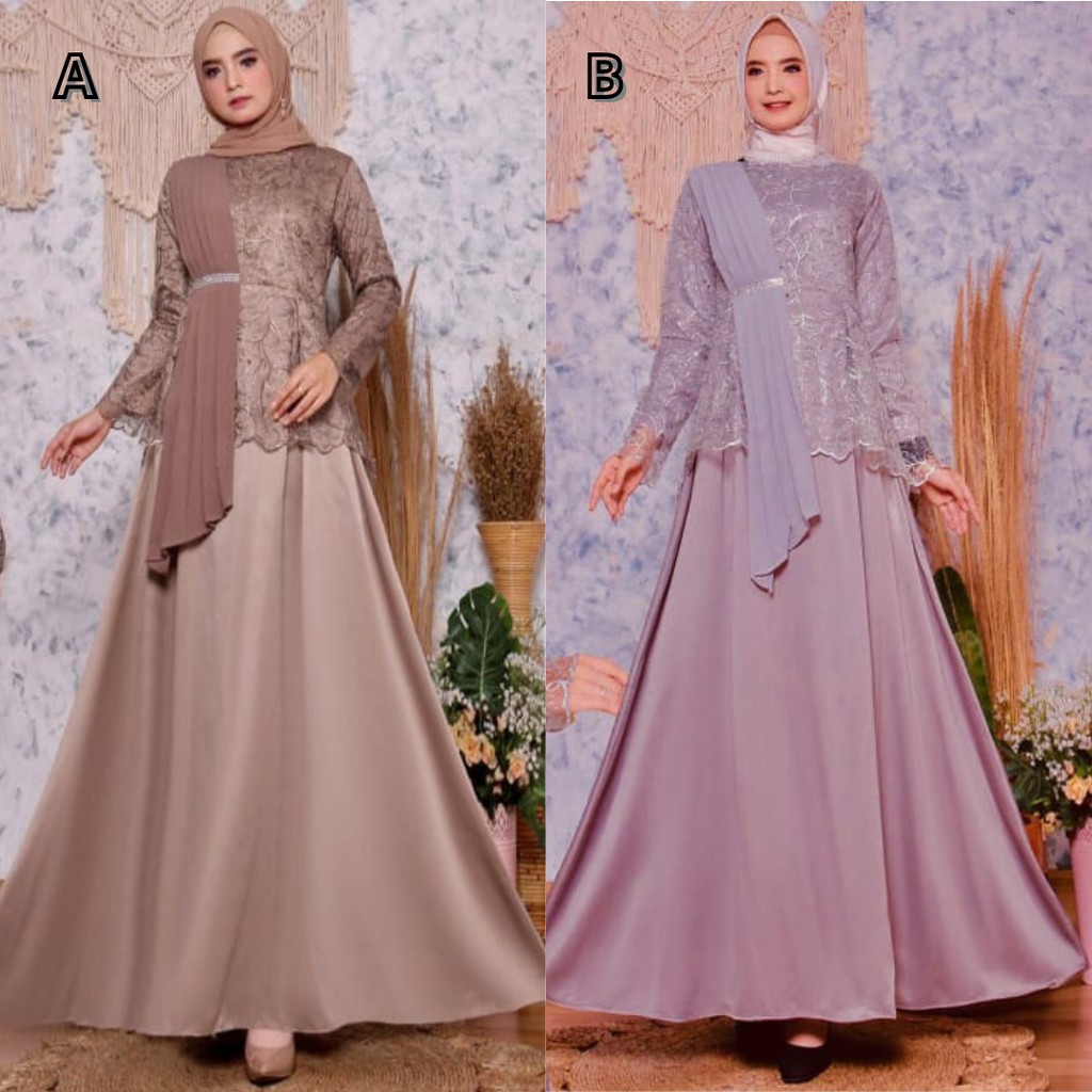 Dress Muslim / Gamis Muslim Selendang, Tulle Mix Satin