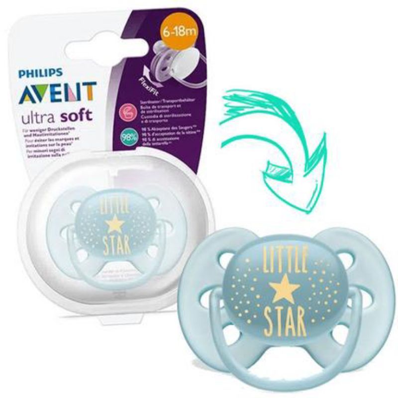 Empeng Avent Night Time Soother 6 - 18m Star Pacifier Dot bayi-1pc(BOX) Little Star