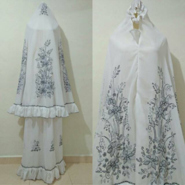 Mukena sulam bayang, bahan sifon helena, setelan pakai tas, 100% sulaman tangan, khas bukittinggi