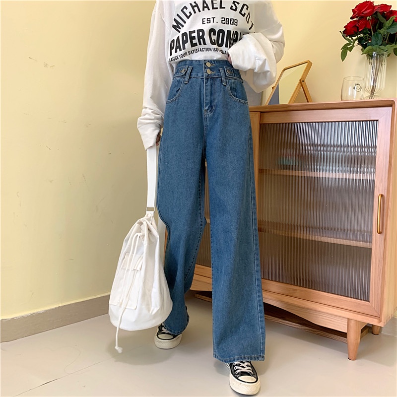 celana jens wanita highwaist loose Jeans double kancing korean style pants celana lebar kasual