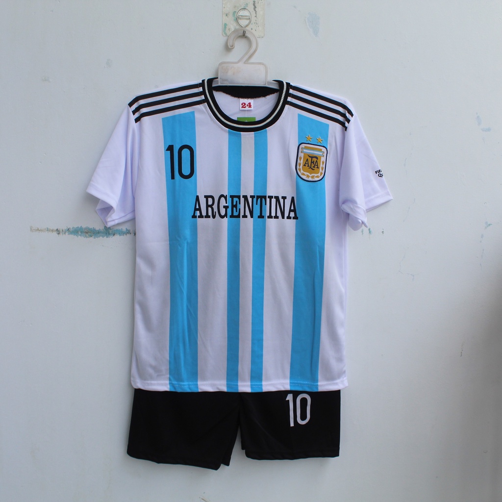 setelan baju bola anak argentina/baju bola argentina bisa sablon nama size 5-12thn