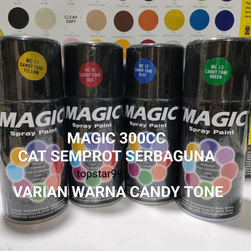 Magic Spray Paint Pilox Pilok Magic Ready Berbagai Warna Candy Tone Red Green Blue Yellow Merah Kuning Hijau Biru Clear Putih Silver Epoxy 300cc Cat Semprot Serbaguna Magic Ukuran Besar 300 cc