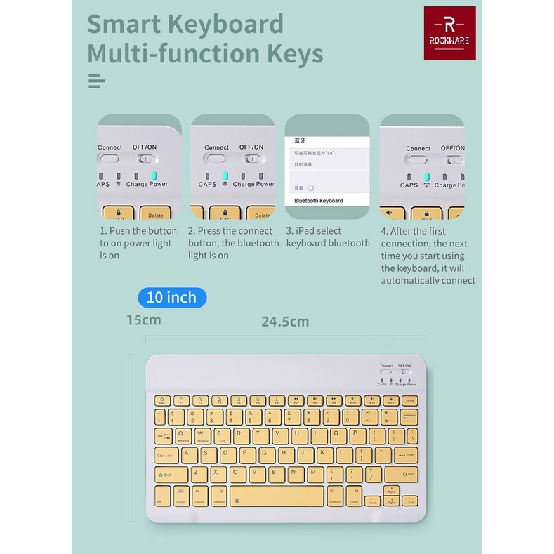 ROCKWARE CS030 - Universal Colourful Slim Bluetooth Keyboard 10 inch