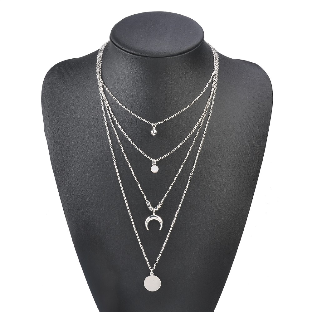 【COD Tangding】Multi layer Long Moon Pendant Necklace Crescent Chain Jewelry Choker Horn