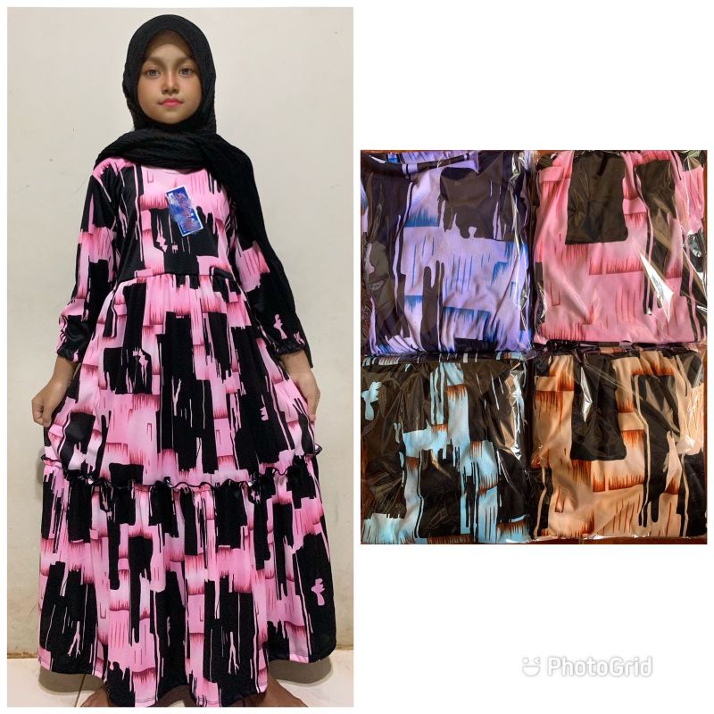 Gamis Anak tanggung 4 5 6 7 8 9 10 11 tahun bahan jersey hyget adem harian ngaji cewek lucu ( gamis anak hyget Abstrackia )