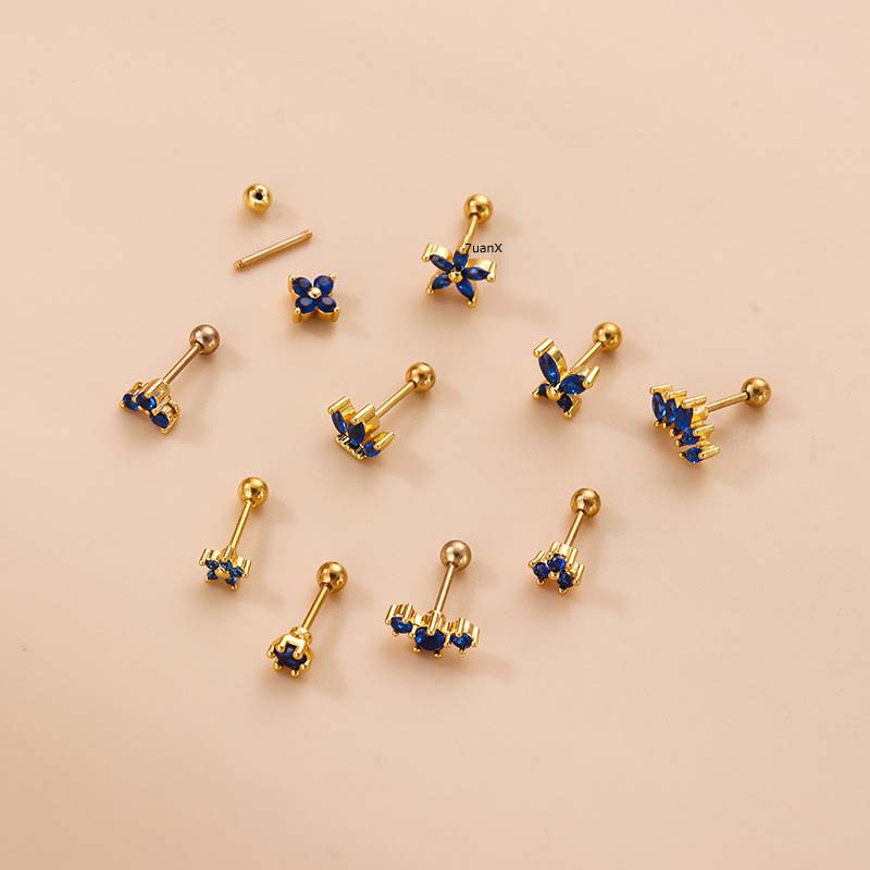 1pc Anting Tindik Tulang Rawan Telinga Desain Mahkota Bunga Hias Zirkon Biru Kerajaan Bahan Stainless Steel 20 Gage