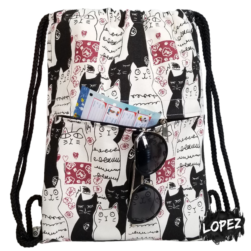 

String Bag Cat Chibi Meow / Drawstringbag Kucing / Goodiebag Kitty Canvas Lopez