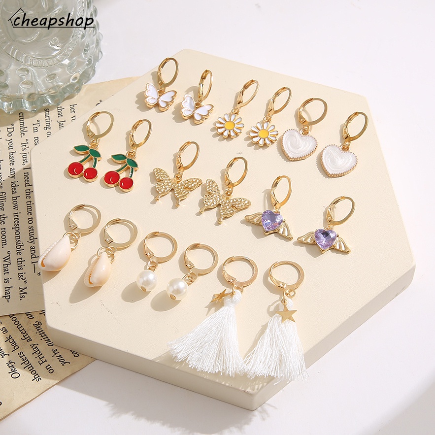 IFYOU 9 Pasang / Set Anting Stud Desain Kupu-Kupu Bintang Daisy Aksen Mutiara Untuk Aksesoris Wanita