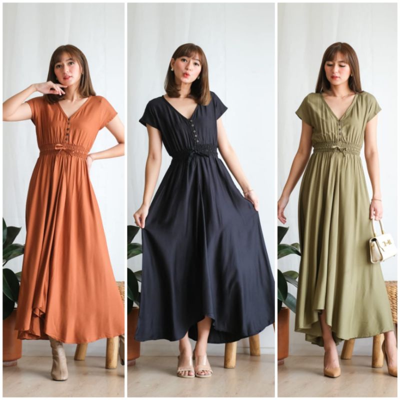 ⚡️CLEARANCE SALE ♡ PREMIUM ♡ ORIGINAL ! YULISA VINTAGE V-NECK BUTTON ASYMMETRIC RAMPLE MAXI DRESS ( BUSUI FRIENDLY )