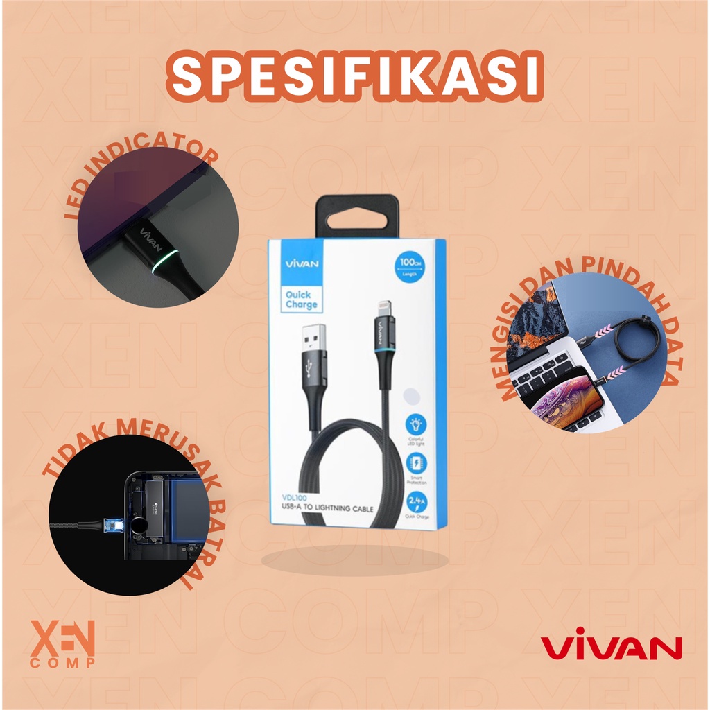 Vivan Kabel Data VDL100 2.4A Lightning Data Cable iPhone LED Light Quick Charge Garansi original