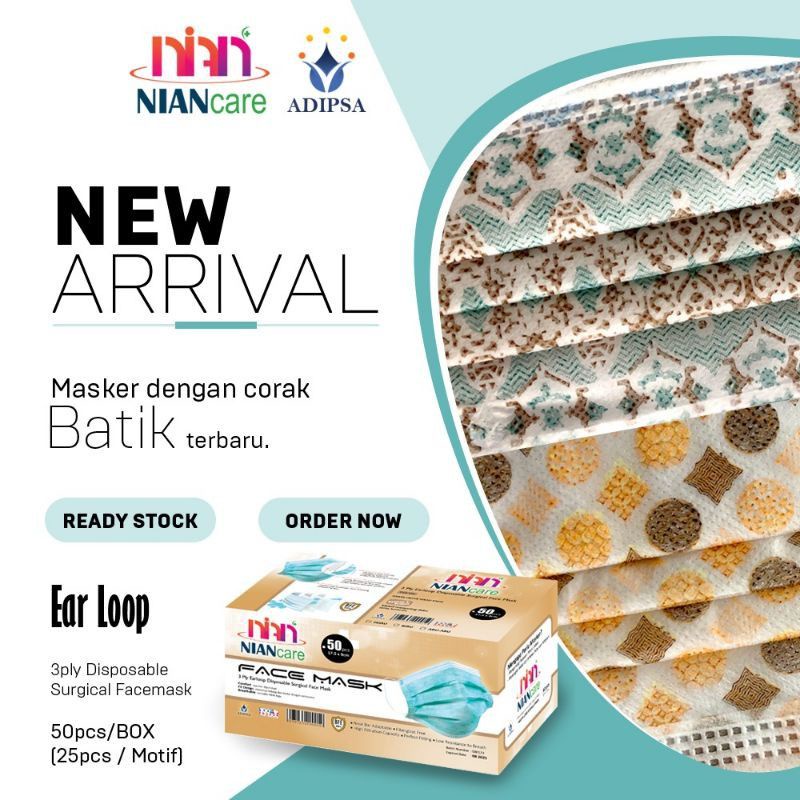 Masker Medis Nian Care 3 PLY Earloop isi 50 - MOTIF BATIK