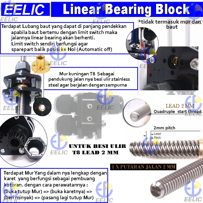 EELIC SLR-25T8L2J200 Rakitan slider rel panjang 340 mm linear bearing block d8 25 mm lead besi ulir 2mm sparepart 3d printer