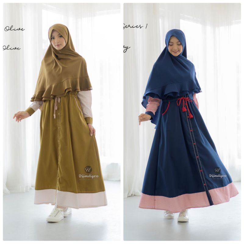 Gamis Syari AMARILIS Ori Urfimutiyaro || Button dress dg perpaduan polos & motif, cantik maksimal