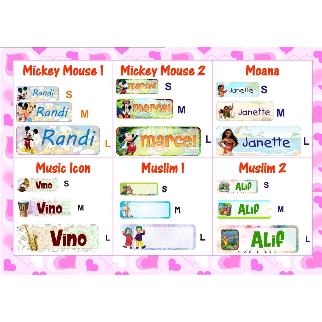 

STIKER STICKER LABEL NAMA WATERPROOF BASIC: MICKEY MOUSE , MOANA , MUSIC ICON , MUSLIM