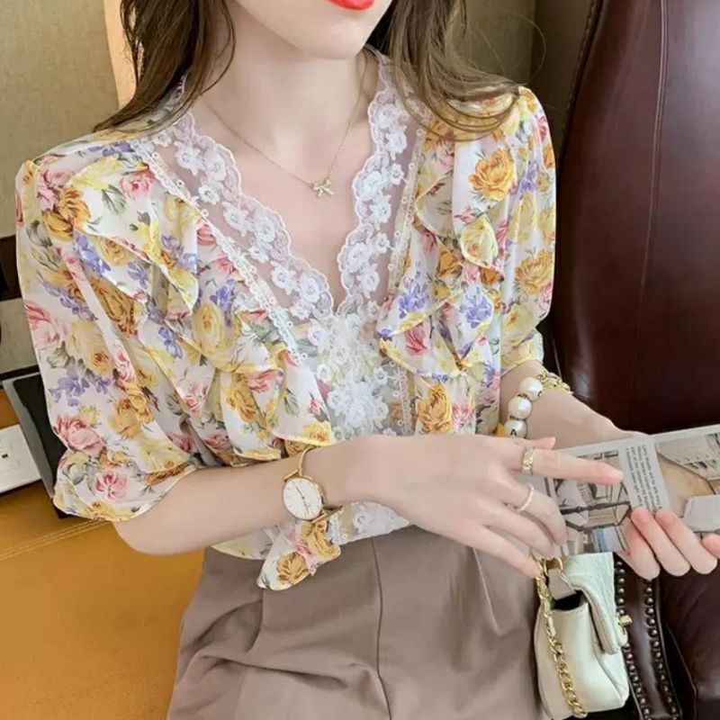 MDLV ~ 2422# Darrena Ruffle Top Sifon Blouse Flower Blouse Korea Fashion Import