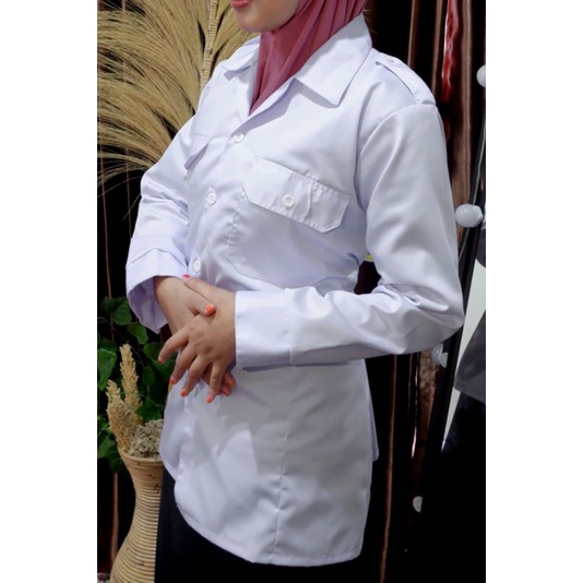 PROMO !! BAJU PDH PUTRI PAKAIAN DINAS HARIAN PNS/ASN GURU PEMDA  WARNA PUTIH BAHAN DRILL BERKUALITAS 100% REAL PICT