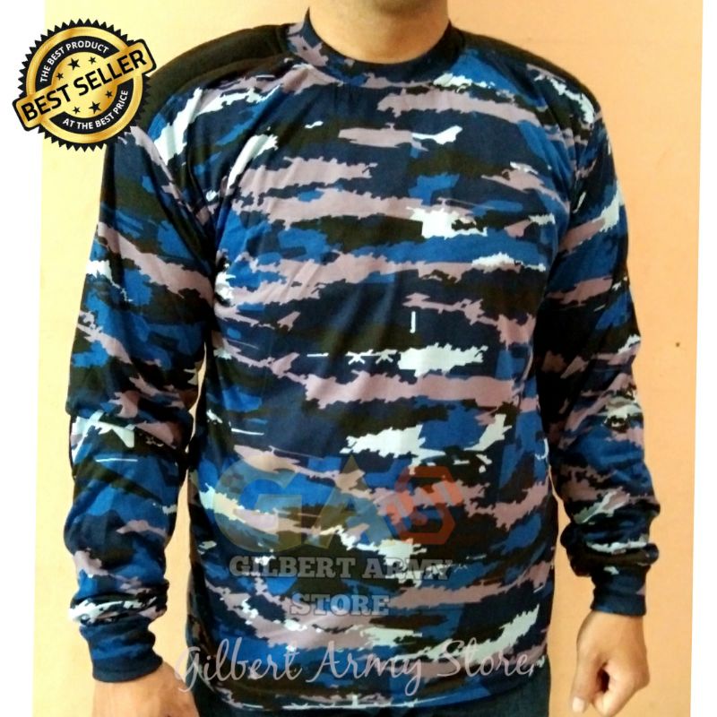 GILBERT ARMY STORE GROSIR Kaos Loreng Tni Au Auri Biru Lengan Panjang Sniper Dekker Busa Bantalan siku Variasi Tshirt Distro Militer Murah Asli Original