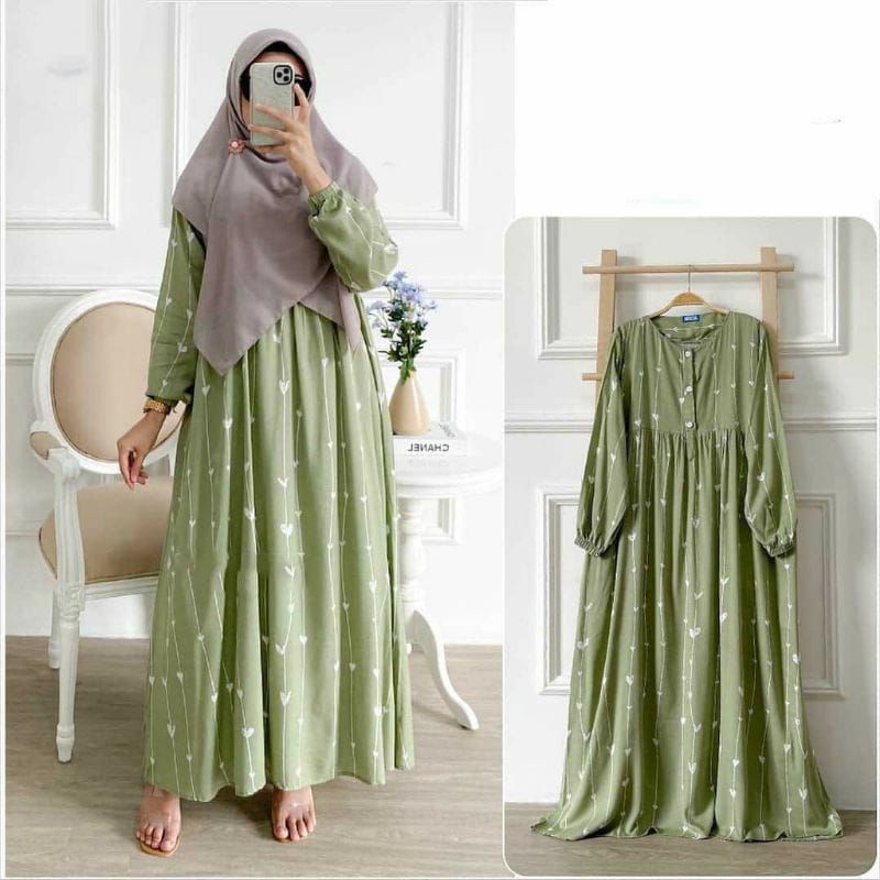 HILSA DRESS RAYON KANCING | GAMIS MOTIF LOVE MINT BUSUI | MAXI HIJAU