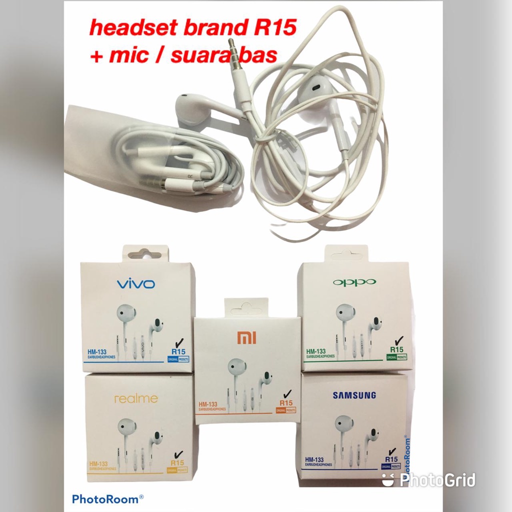 Headset brand R15 original + mic jack 3.5mm handsfree earphone bisa buat telpon all merek