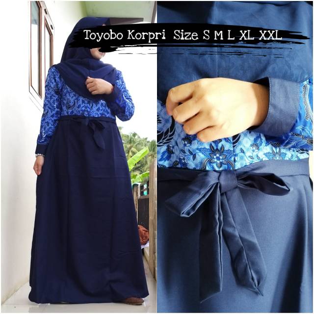 Dress Gamis Korpri Batik Jumbo Guru Pns Navy<br /> Toyobo Ori S M L Xl Xxl Jumbo